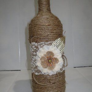 Jute wrapped XL wine bottle/vase. Burlap flower